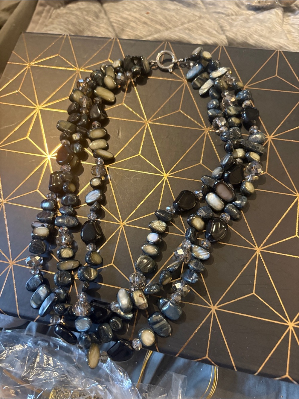 Handcrafted Multi-Strand Black & Gray Stone Necklace